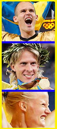 Tre svenska guldhjältar. Stefan Holm, Christian Olsson, Carolina Klüft. Foto: Pressens Bild