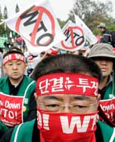 Massor av folk har samlats för att protestera mot WTO-ländernas möte i Hongkong. Foto: Lee Jin-man/PrB