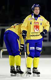 Anders Östling och Per Hellmyr i det svenska bandylaget. Foto: Anders Wiklund/Pressens Bild