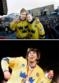 Maria Rooth och Kim Martin från Damkronorna, och Henrik Lundqvist från Tre Kronor. Foton: Nils Petter Nilsson/Pressens Bild