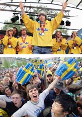 Mikael Samuelsson och hans lagkamrater firades av tusentals jublande fans. Foton: Fredrik Persson/Pressens Bild.