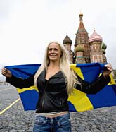 Malena Ernman på Röda Torget i Moskva, där finalen i Melodifestivalen är. Foto: Pontus Lundahl/Scanpix