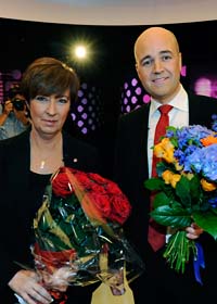 Mona Sahlin och Fredrik Reinfeldt möttes i debatt. Foto: Anders Wiklund/Scanpix