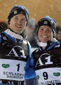 Två svenskar stod på prispallen i slalom. Foto: Alessandro Trovati/Scanpix