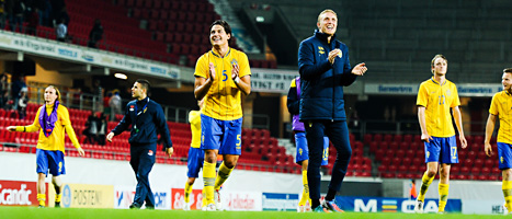 Sveriges spelare jublar efter segern över Ukraina i Kalmar. Foto: Patric Söderström/Scanpix