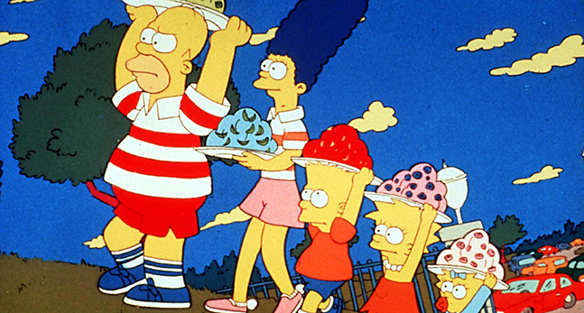 Homer, Marge, Bart, Lisa och Maggie i familjen Simpson.
