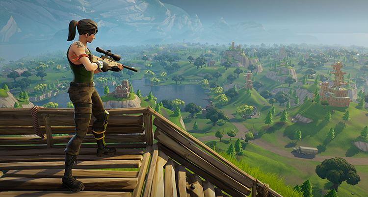 En figur i datorspelet Fortnite står med ett gevär och tittar ut över ett landskap.
