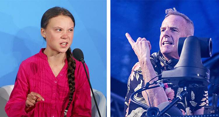 På ena bilden ser Greta Thunberg arg ut. Framför sig har hon en mikrofon. Bakgrunden är blå. Artisten Fatboy slim står i ett dj-bås och spelar musik. Bakgrunden är blå.
