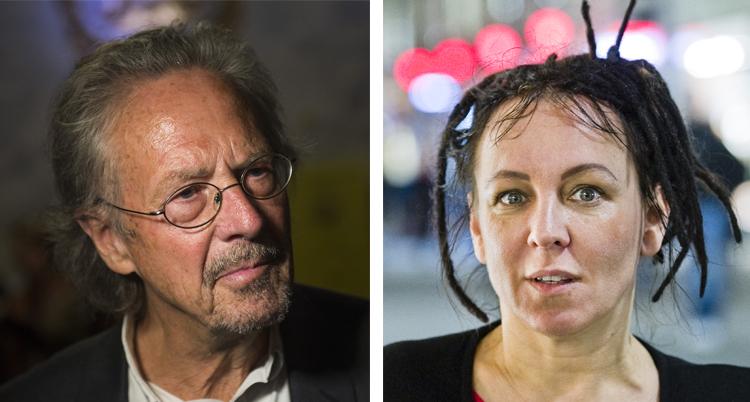 Delad bild på Peter Handke och Olga Tokarczuk.