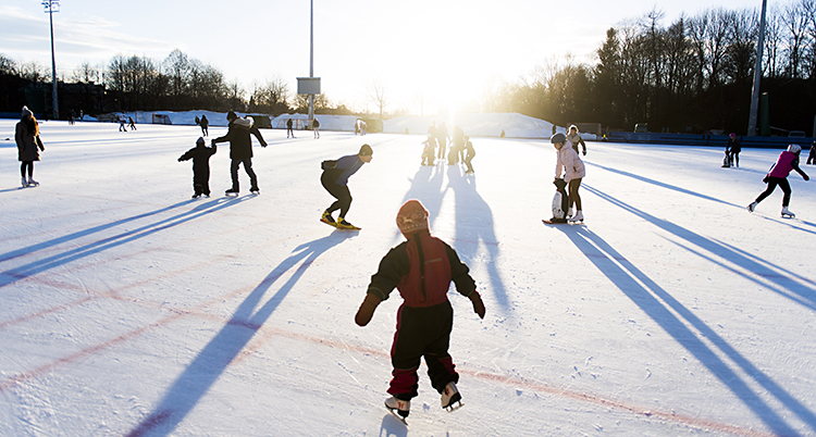 Folk åker skridskor i solsken