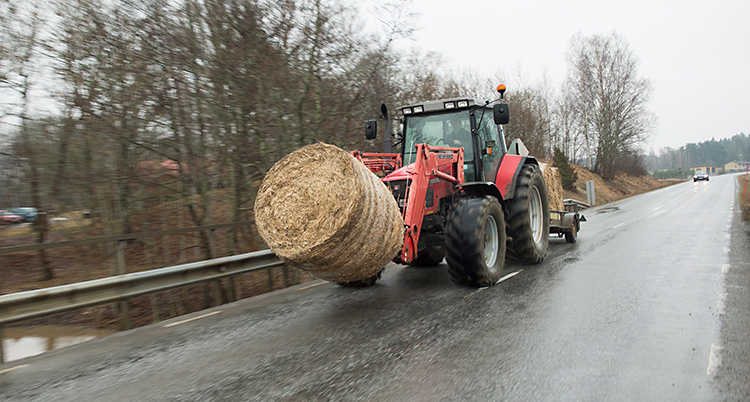 Bilden visar en bilväg. En traktor kör på vägen. Den kör hö i stora balar, ensilage.