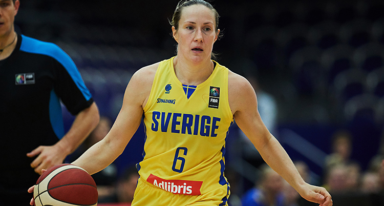 Frida Eldebrink i gul matchtröja med bollen i ena handen.
