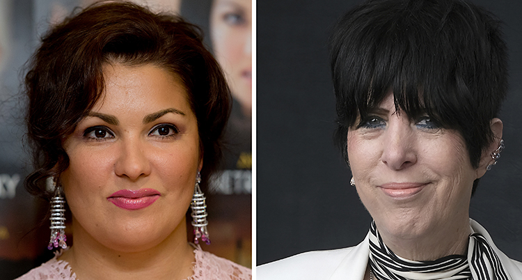 Anna Netrebko och Diane Warren. Båda har mörkt hår. Anna har glimrande stora örhängen i öronen. Diane har en lugg.