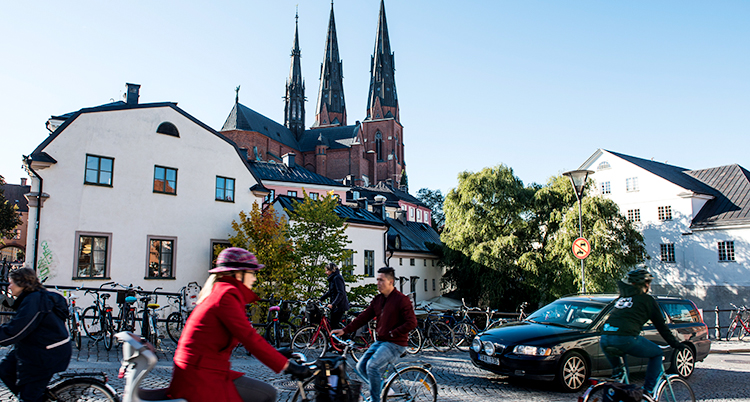Flera personer cyklar. I bakgrunden syns gamla hus och Uppsala domkyrka
