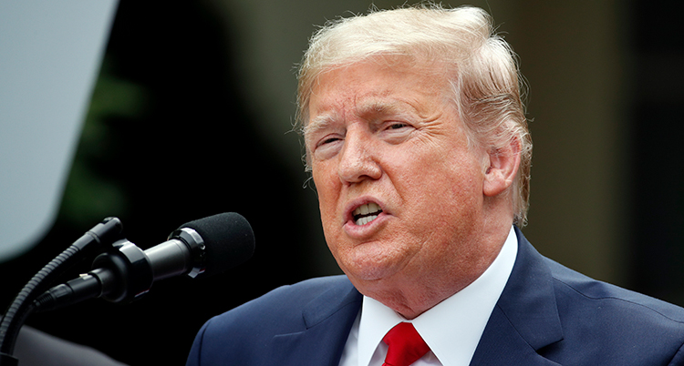 Donald Trump framför en mikrofon.
