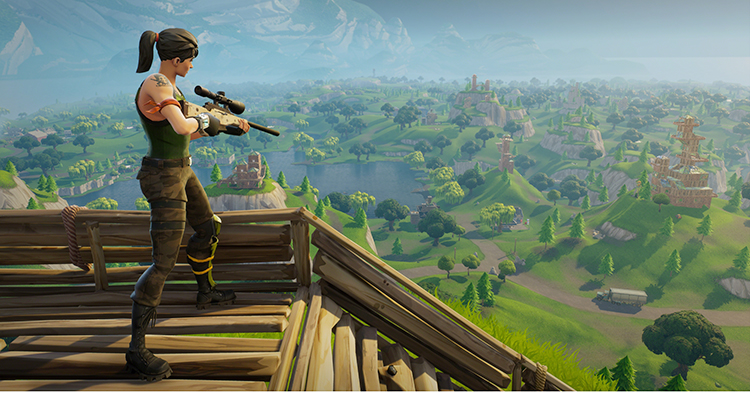 En kvinna siktar med ett vapen i spelet Fortnite.