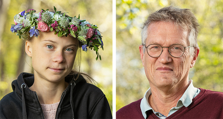 Två bilder på deras ansikten. Greta har en krans i håret.