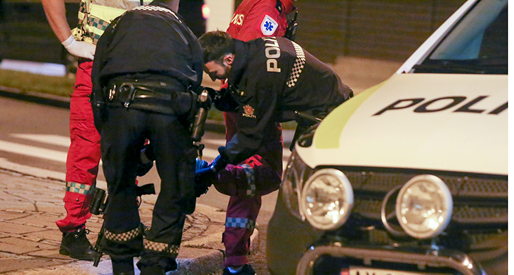 Några poliser står vid sidan av en polisbil. De böjer sig ner och undersöker något på marken.