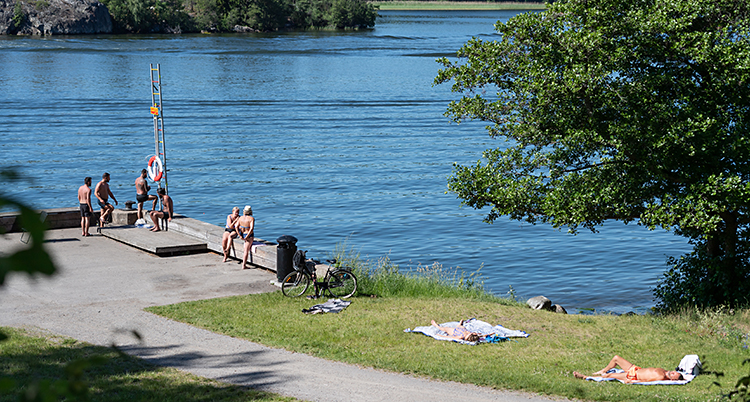 Vi ser en badplats. Människor ligger på gräset och solar. En del står på bryggan vid vattnet. Solen skiner. Det är sommar.