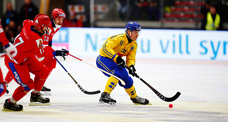 Från en match i bandy. En spelare i Sverige har bollen. Spelare från Ryssland jagar honom.