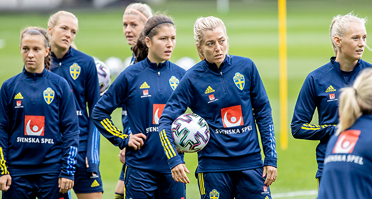 Bilden är tagen på en fotbollsplan. Vi ser flera spelare i Sveriges lag. De har träningskläder. En av spelarna håller en fotboll.