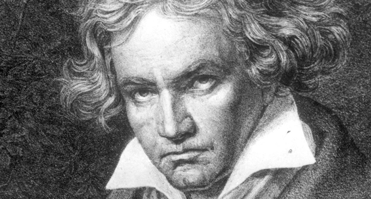 En svartvit teckning av Beethoven.