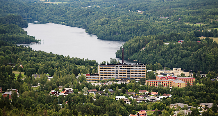 Bilden visar Sollefteå. Bilden är tagen från ett berg. Vi ser sjukhuset och många andra hus. I bakgrunden syns skog och vatten.