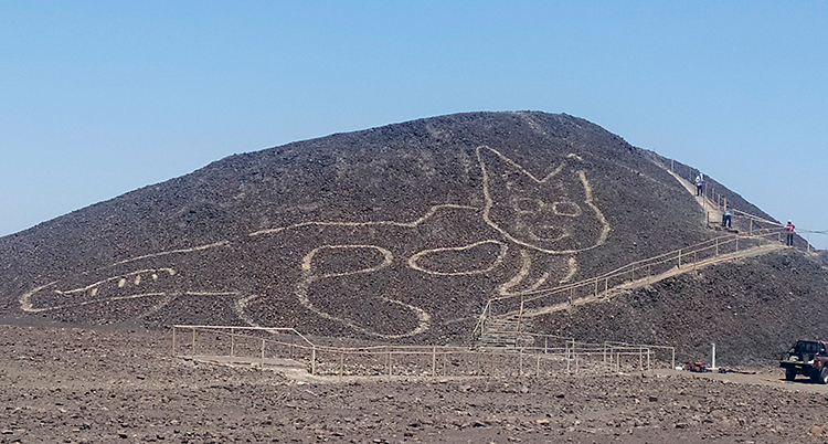 Vi ser ett landskap med ett berg. Himlen är blå. På berget har några huggit ut figuren av en katt.
