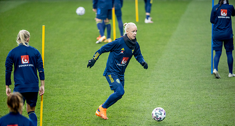 En fotbollsplan som är grön. Flera spelare är på planen. De har mörkt blå kläder. En blond kvinna är i mitten med en boll.