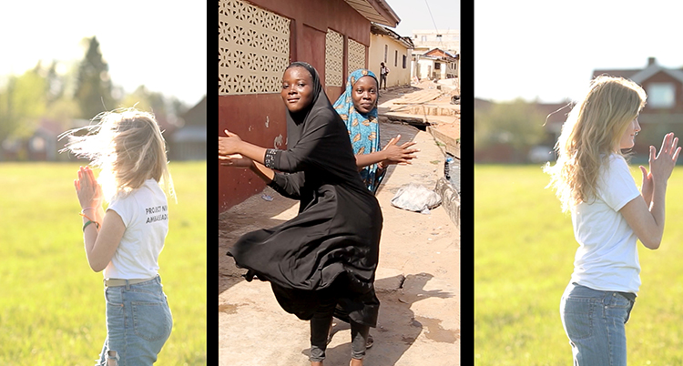 Bilden är delad i tre. I den första bilden syns en ung tjej i jeans och vit t-shirt. Hon klappar händerna. I nästa bild syns två ungdomar från Ghana. De klappar också händerna. Den sista bilden föreställer samma tjej som den första.