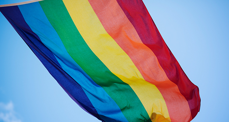 En regnbågsflagga som syns mot en blå himmel.