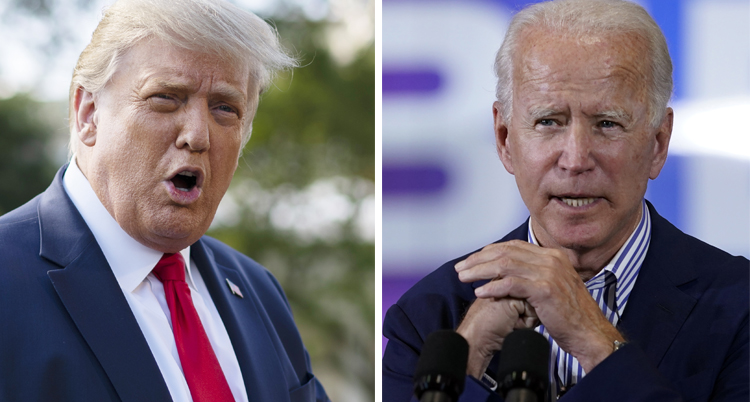 Två bilder. Den till vänster är på Trump. Han har kostym och röd slips. Joe Biden har också kostym och blå skjorta.