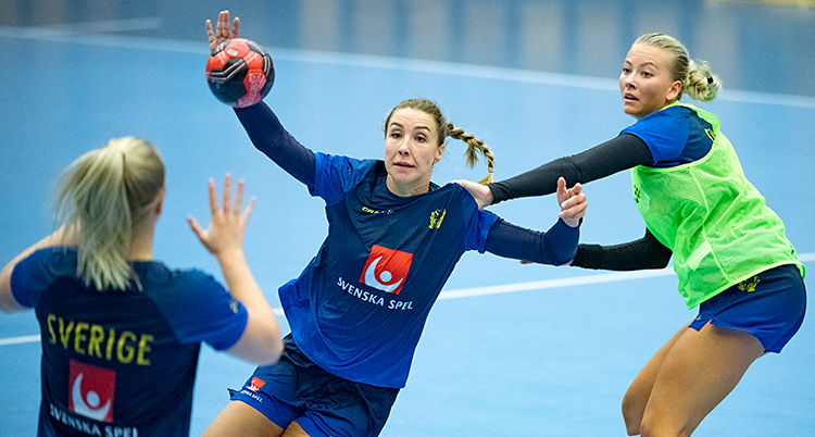 Bilden är tagen inomhus, på en plan för handboll. Tre kvinnor syns i bilden. En av dem har en boll i handen. En annan försöker stoppa henne.