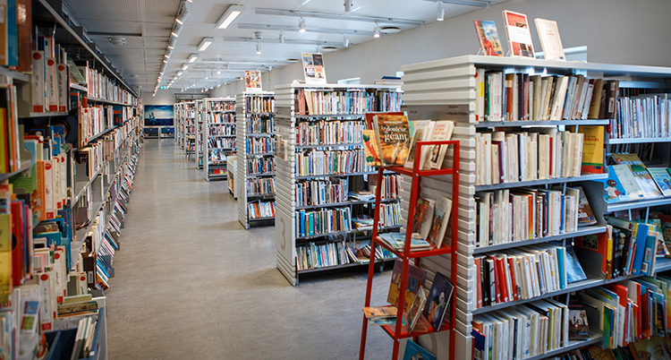 Ett bibliotek med många hyllor med böcker