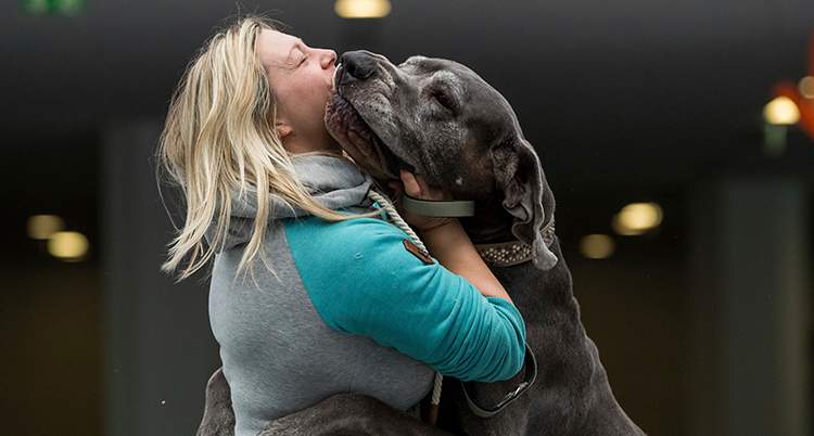 En kvinna och en stor hund kramar varandra