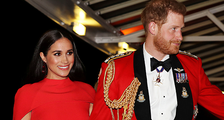 Meghan och Harry står bredvid varandra. Meghan har långt mörkt hår och en röd klänning. Harry har kort rött hår och skägg. Han har en röd kavaj med medaljer på, vit skjorta och svart fluga.