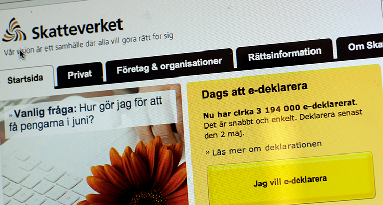 En bild på Skateverkets sida på internet. Där står bland annat Dags att deklarera och så en knapp där det står Jag vill e-deklarera.