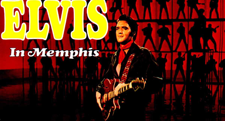 Många små svarta siluetter ses mot en röd bakgrund. I gult står det Elvis. Längst fram står en man klädd i svart jacka och röd skjorta har en gitarr över bröstet.