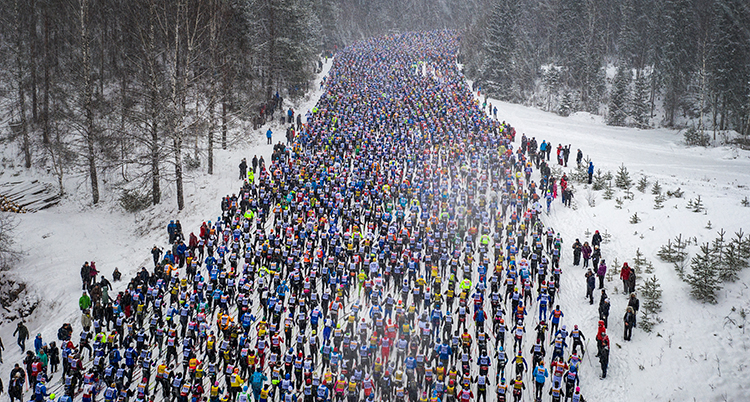 Fullpackat med skidåkare i skidspåret med snö runtomkring och skog.