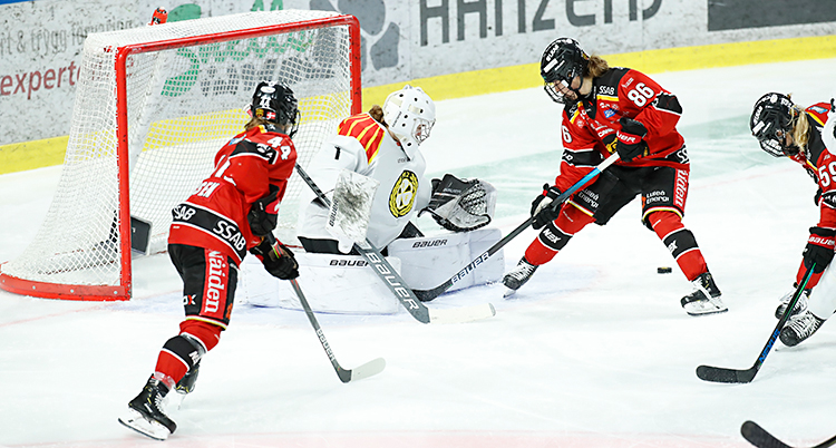 En match i ishockey. Några av Luleås spelare är nära målet och försöker göra mål på Brynäs målvakt.