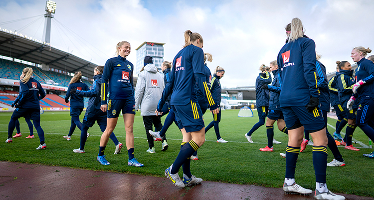 Fotbollsspelarna är på gräsplanen på en stor arena med läktare och höga lampor i bakgrunden