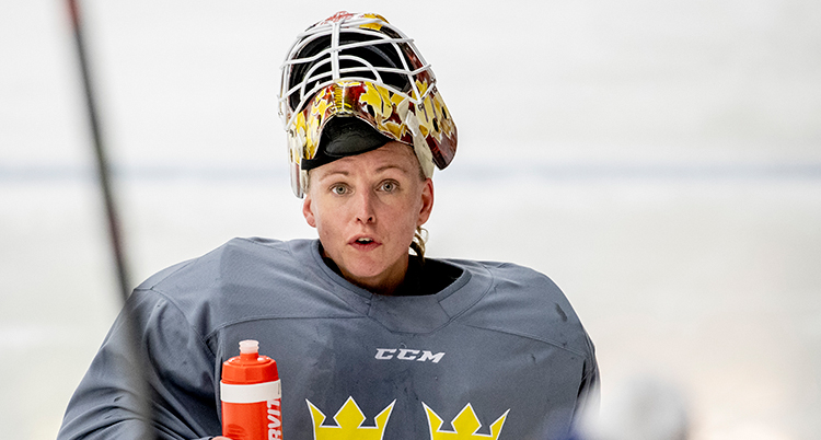 Hon har en hjälm på huvudet och en grå hockeytröja