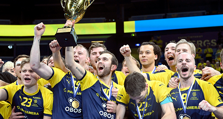 Sveriges spelare lyfter en pokal.