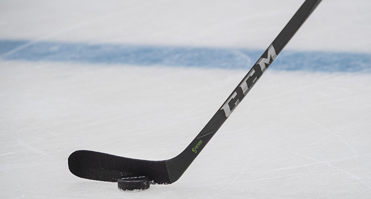 En ishockeyklubb och puck på is