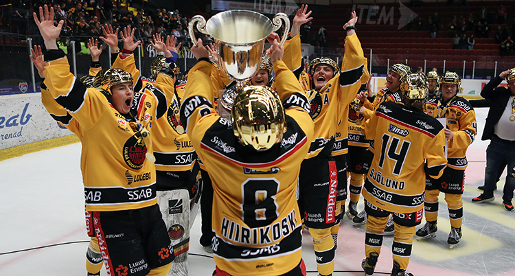 Luleås damer firar att de vunnit guld i ishockey.