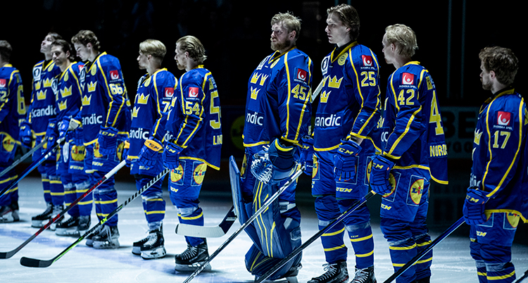 Spelarna har blå dräkter, skridskor och klubbor. De står uppställda i en rad på isen