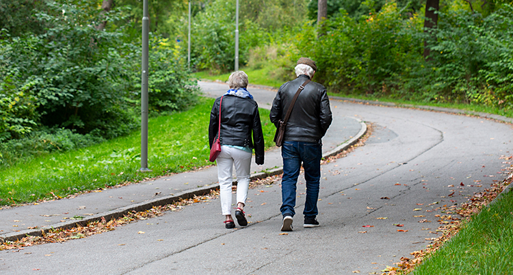Två pensionärer är ute och går på en väg. Vi ser dem bakifrån.