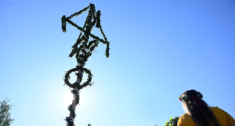 En midsommarstång syns mot en blå himmel. En person med krans på huvudet syns till höger.