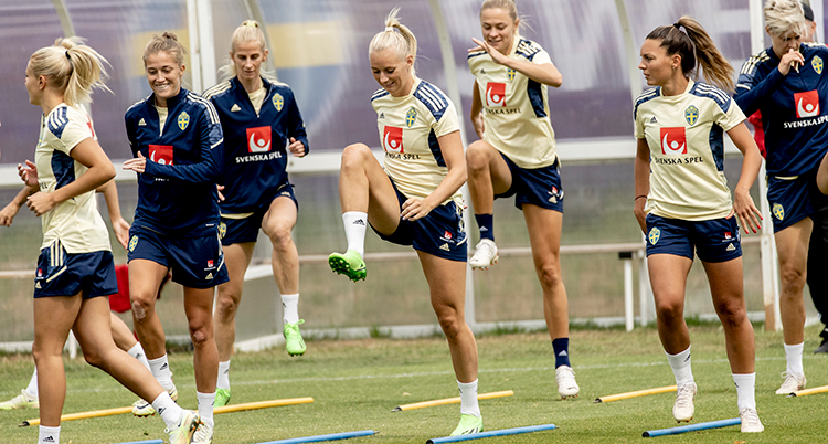 Flera landslagsspelare i Sveriges EM-alg i fotboll tränar.