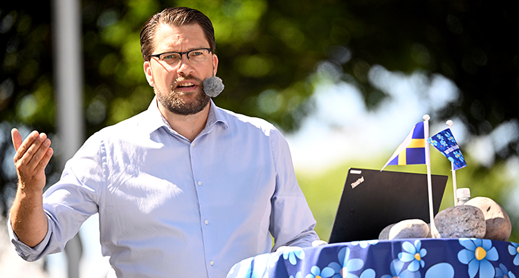 Åkesson i en talar stol med en duk med blåsippor.